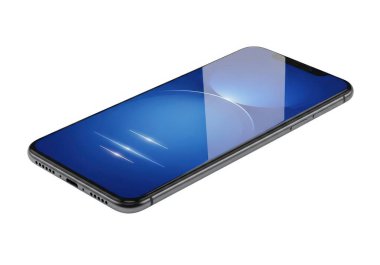 Mavi ekranlı bir akıllı telefon ve beyaz arka planda bir ekran koruyucusu. Telefon bir açıda, sağ üst köşesi görüntünün sağ üst tarafına bakıyor. Ekran koruyucusunun üzerinde hafif bir yansıma var. p