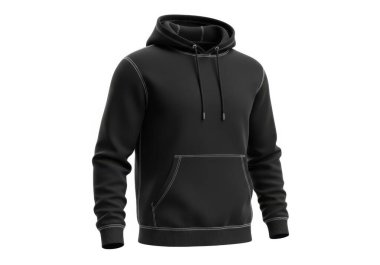 Beyaz dikişli bir siyah kapüşonlu ve beyaz arka planda bir kanguru cebi