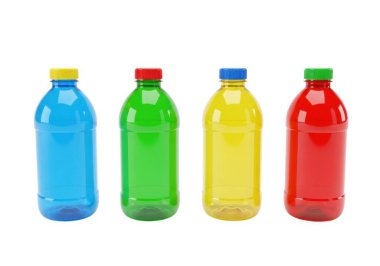 Beyaz arka planda sarı, kırmızı, mavi ve yeşil kapaklı dört renkli plastik şişe.