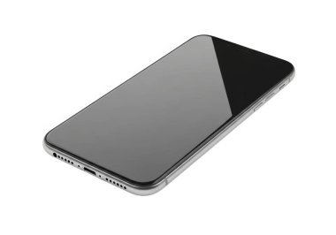 ... gümüş çerçeveli modern bir akıllı telefon ve kısmen ışığı yansıtan siyah bir ekran, düz beyaz arka planda gösteriliyor.