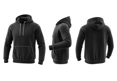 Önden, yandan ve arkadan siyah bir kapüşonlu. Kapüşonlu kazak sade ve asma ipli, kanguru cebi ve uzun kollu..