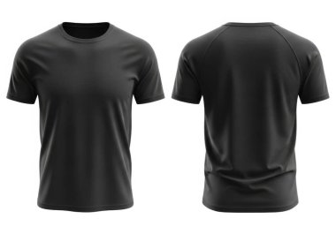 Önden ve arkadan gösterilen siyah kısa kollu bir tişört beyaz arka planda