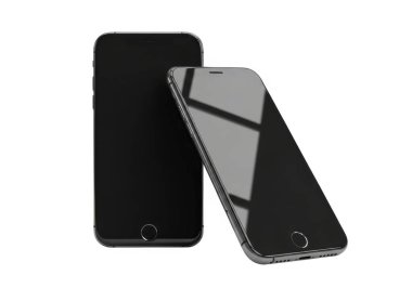 Sade beyaz arka plana iki parlak siyah akıllı telefon yerleştiriliyor. Bir telefon dik konumda, diğeri ise yansıtıcı ekranını gösteren bir açıyla destekleniyor. Görüntü, telefonun modern tasarımı ve minimalist estetiğinin altını çiziyor.