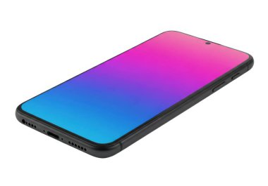 Siyah çerçeveli bir akıllı telefon ve maviden pembeye not veren bir ekran, düz beyaz arkaplan üzerine kurulmuş.