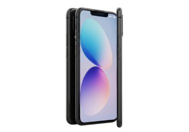 Akıllı telefon ekranı öne dönük bir şekilde ayakta duruyor. Ekranda iki renkli daireli bir duvar kağıdı var. Stylus telefonun sağ tarafına yerleştirilir. görüntünün arka planı düz beyaz.