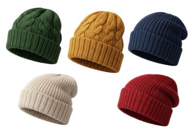 Görüntü, yeşil, sarı, lacivert, bej ve kırmızı olmak üzere beş farklı renkte örgü boncuklar gösteriyor. Her biri beyaz bir arkaplanda sıralanmış, kambur bir şekilde duruyor.