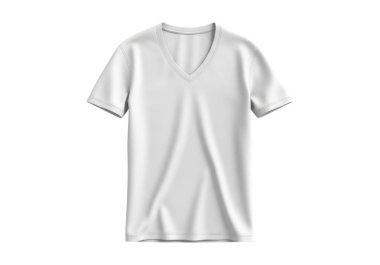 Beyaz, kısa kollu, v yaka tişörtlü, beyaz bir arka planda sergilenen, muhtemelen ürün sergisi ya da katalog amaçları için