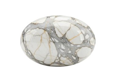 Beyaz arka planda gri ve altın damarları olan beyaz mermer bir taş. Taş oval şekilli ve pürüzsüz bir yüzeyi var. Gri damarlar kalın ve düzensiz şekillenirken altın damarlar ince ve dağınıktır..