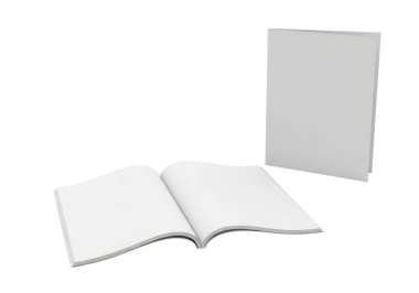 Resim düz beyaz bir arka plana karşı iki beyaz kitabı tasvir ediyor. Bir kitap boş sayfalarını gösterirken, diğeri dik ve kapalı duruyor. Kitapların kapağında görünür metin ya da resim olmayan basit bir tasarımı var gibi görünüyor.