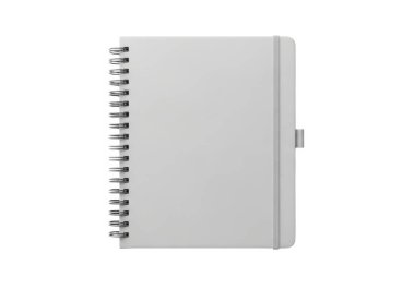 Gri spiral kaplı, pürüzsüz bir kapağı ve sağ tarafında küçük elastik bir kapağı olan bir defter.
