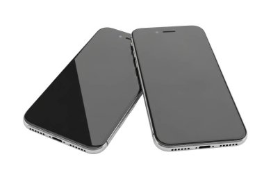 Resim, beyaz bir arkaplanda yan yana yerleştirilmiş, muhtemelen reklam veya ürün tanıtım amaçlı iki akıllı telefonu gösteriyor.