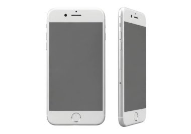 Bu görüntüde iki beyaz iPhone var, biri öne bakıyor, diğeri yana bakıyor, ikisi de beyaz arkaplanda boş gri ekranlar var..