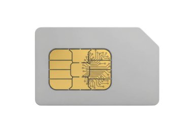 Beyaz arkaplanda altın kişilere sahip gri bir SIM kart, cep telefonu ağ tanımlama ve kimlik doğrulama için kullanılır