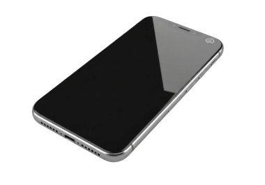 Gümüş çerçeveli siyah bir akıllı telefon beyaz bir arkaplanda gösteriliyor, telefon sağ üst köşesi izleyiciyi gösteren bir açıda konumlandırılıyor, ekran siyah ve yansıtıcı, ve telefonun kenarları yuvarlak