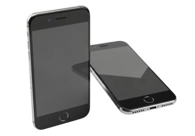 Görüntü siyah ekranlı iki akıllı telefonu gösteriyor. Soldaki telefon dik duruyor, sağdaki ise uzanmış yatıyor. Her iki telefonun da ekranında gümüş bir çerçeve ve siyah bir bezel var. Görüntünün arka planı düz Whit