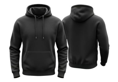 Önden ve arkadan gösterilen siyah bir kapüşonlu başlık ve kanguru cebi, pürüzsüz ve yumuşak bir malzemeden yapılmış, günlük kıyafet için mükemmel.