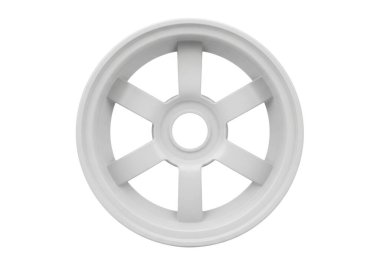 Beyaz arka planda altı telli beyaz plastik bir tekerlek, muhtemelen bir ürün fotoğrafı.