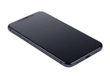 Beyaz arkaplanda boş ekranı olan siyah bir akıllı telefon, yan düğmeleri gösterir