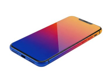 Ekranında ve kaplamasında renkli bir gradyan olan akıllı bir telefon, canlı bir tasarım sergiliyor, muhtemelen bir elma ürünü.