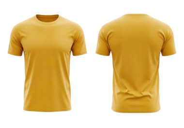 Önden ve arkadan beyaz bir arka planda kısa kollu sarı bir tişört