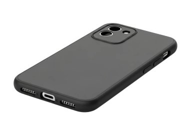 Mat kapaklı siyah bir telefon çantası, görünür kamera lensleri ve telefon portları.