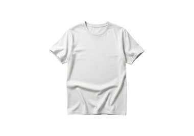 Kısa kollu düz beyaz bir tişört ve yuvarlak bir yaka, düz beyaz bir zemin üzerine serilmiş, kumaş üzerinde hafif kırışık bir dokusu olan