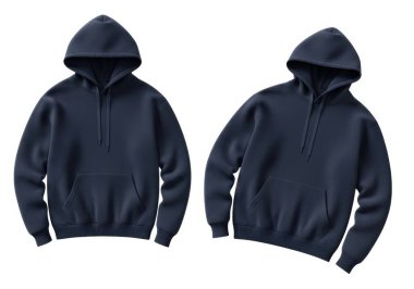 Görüntü iki lacivert kapüşonlu sweatshirt 'ü bembeyaz arka planda yan yana gösteriyor. Soldaki sweatshirt öne bakıyor, sağdaki ise hafifçe sağa dönük, sol kolu aşağı sarkık. İkisi de terli.