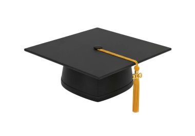 Kare kapaklı siyah bir mezuniyet şapkası ve sağ tarafından sarkan altın bir püskül.