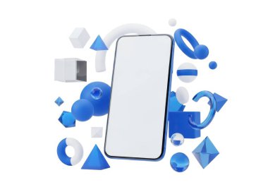 Akıllı telefon, küpler, üçgenler ve diğer geometrik şekiller gibi çeşitli mavi ve beyaz şekillerle çevrilidir. Telefon, ekranı öne dönük bir şekilde gelişigüzel sıralanmıştır.