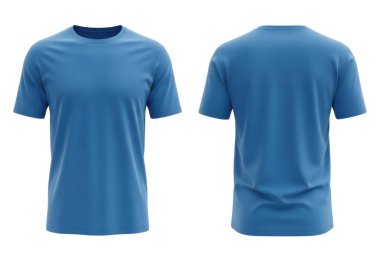 Önden ve arkadan gösterilen mavi bir tişört beyaz arka planda