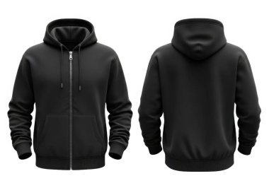 Önden ve arkadan görünen siyah kapüşonlu bir kapüşonlu beyaz arka planda