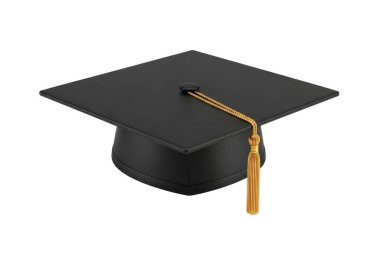 Kare kapaklı ve yuvarlak tabanlı siyah bir mezuniyet şapkası, sağ tarafından sarkan altın bir püsküllü, düz beyaz bir arka planda.
