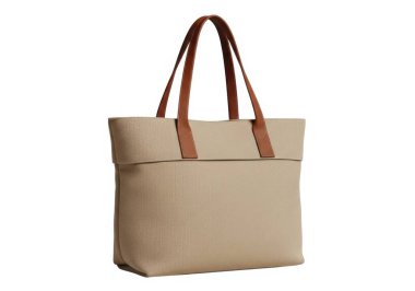 Görüntü, iki kahverengi deri saplı büyük bir çanta gösteriyor. Poşet, bez veya pamuk gibi doğal bir liften yapılmış gibi görünüyor ve düz tabanlı ve düz kenarlı basit bir tasarıma sahip. Deri sapları uzun ve incedir.