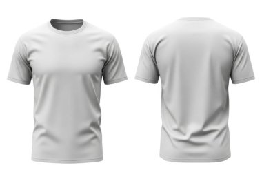 Önden ve arkadan gösterilen yuvarlak boyunlu ve kısa kollu beyaz bir tişört.