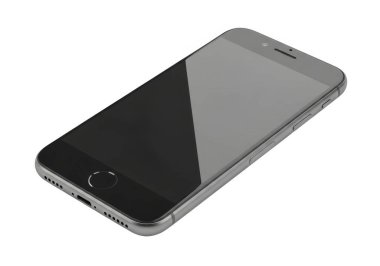 Telefonun yansıtıcı ekranını ve metalik kenarlarını gösteren beyaz arkaplanlı siyah ve gümüş renkli bir iPhone 'un üç boyutlu görüntüsü