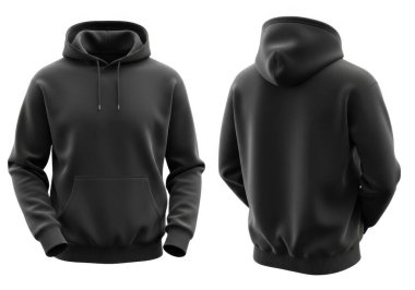 Önden ve arkadan görünen siyah bir kapüşonlu beyaz bir arka planda.