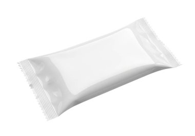 Düz arkaplan üzerinde beyaz mühürlü bir paket, muhtemelen küçük ögeler veya maddeler paketlemek için kullanılır