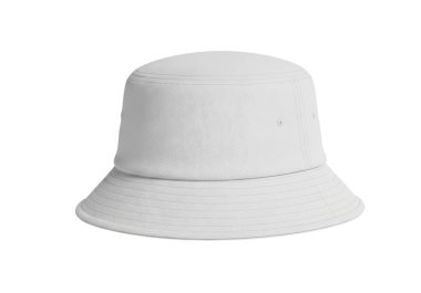 Bu resim kısa kenarlı beyaz bir kova şapkayı ve dokuma malzemeden yapılmış çentikli bir tacı gösteriyor. Şapkanın basit bir tasarımı var. Görünür bir logosu ya da deseni yok.