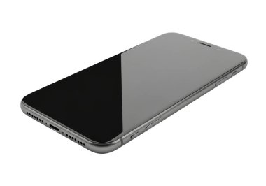 Bir akıllı telefon, solunda siyah bir ekran, sağında gri bir ekran, sağında ise beyaz bir çerçeve ve beyaz bir arka planı var.