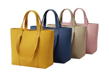 Resim, her biri farklı renkte dört çanta gösteriyor: sarı, mavi, bej ve pembe. Hepsi aynı tarz ve benzer malzemeden yapılmış gibi görünüyor. Çantalar dikdörtgen şeklinde ve üstünde iki tutacağı var. Çok tatlılar.