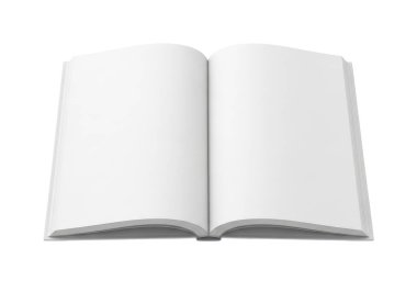 Resim, yukarı bakan iki boş sayfası olan açık bir kitabı gösteriyor. Kitap merkezi olarak konumlandırılmış ve altında derinlik hissi veren küçük bir gölge var. Sayfalar tamamen boş ve beyaz, görünürde metin ya da görüntü yok. Çanta.