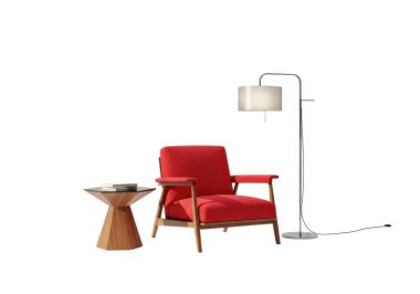 Ahşap çerçeveli ve kolluklu kırmızı döşemeli bir sandalye, yanında cam kapaklı küçük bir ahşap masa ve beyaz gölgeli uzun gümüş bir lamba.