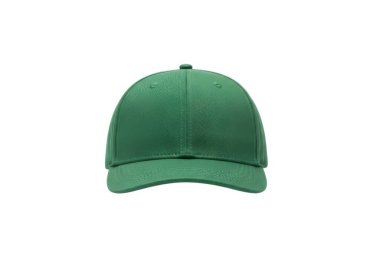 Görüntü, sade beyaz bir arkaplan üzerine kurulmuş yeşil bir beyzbol şapkasını içeriyor. Şapka pürüzsüz, muhtemelen pamuk ya da polyester malzemeden yapılmış gibi görünüyor. Kıvrımlı bir kenarı ve tepesinde bir düğmesi var. Kapak koyu yeşil renkte ve görünür bir logosu yok.