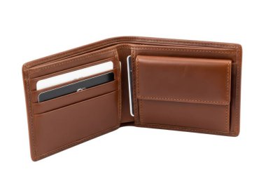 Bu resim açık kahverengi deri bir cüzdan, birkaç kart yuvası ve nakit bölmesi gösteriyor. Cüzdan yüksek kaliteli deriden yapılmış ve klasik bir tasarıma sahip. Açık, içini gösteriyor, sol tarafta birden fazla kart yuvası var.