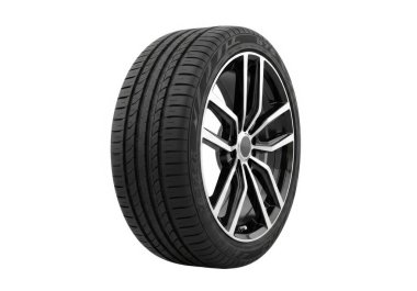 Beyaz arka planda gösterilen gümüş kenarlı siyah bir lastik, muhtemelen reklam amaçlı veya ürün tanıtımı amaçlı.