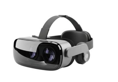 Siyah sanal gerçeklik kulaklığı, beyaz bir arka planda, kafa bandı ve ayarlanabilir bir yan silahı var.