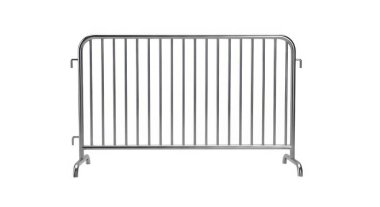 Metal bariyer kapısı, dikey parmaklıklar, düz bir üst, küçük ayaklar, düz beyaz arka plan.