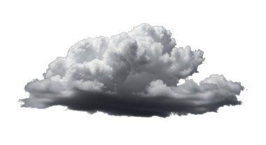 Büyük gri bir bulut, düz bir tabanı ve kabarık bir üstü olan düz beyaz bir arka planda oturur. Bulutun altında karanlık bir gölge var. Bulut kümülüs bulutu gibi görünüyor..