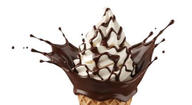 Çikolata sosuyla kaplı beyaz dondurma kepçesiyle bir gözleme külahı. Etrafına çikolata sıçramış.