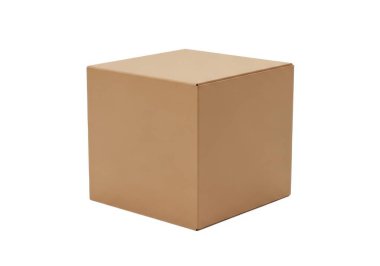 Sade beyaz arkaplanı olan basit bir kahverengi karton kutu. Kutu kapalı ve kıvrımlı kartondan yapılmış gibi görünüyor. Kutunun üç tarafını gösteren bir açıyla yerleştirilmiş. Görüntü muhtemelen bir ürün fotoğrafı ya da stok resmi..